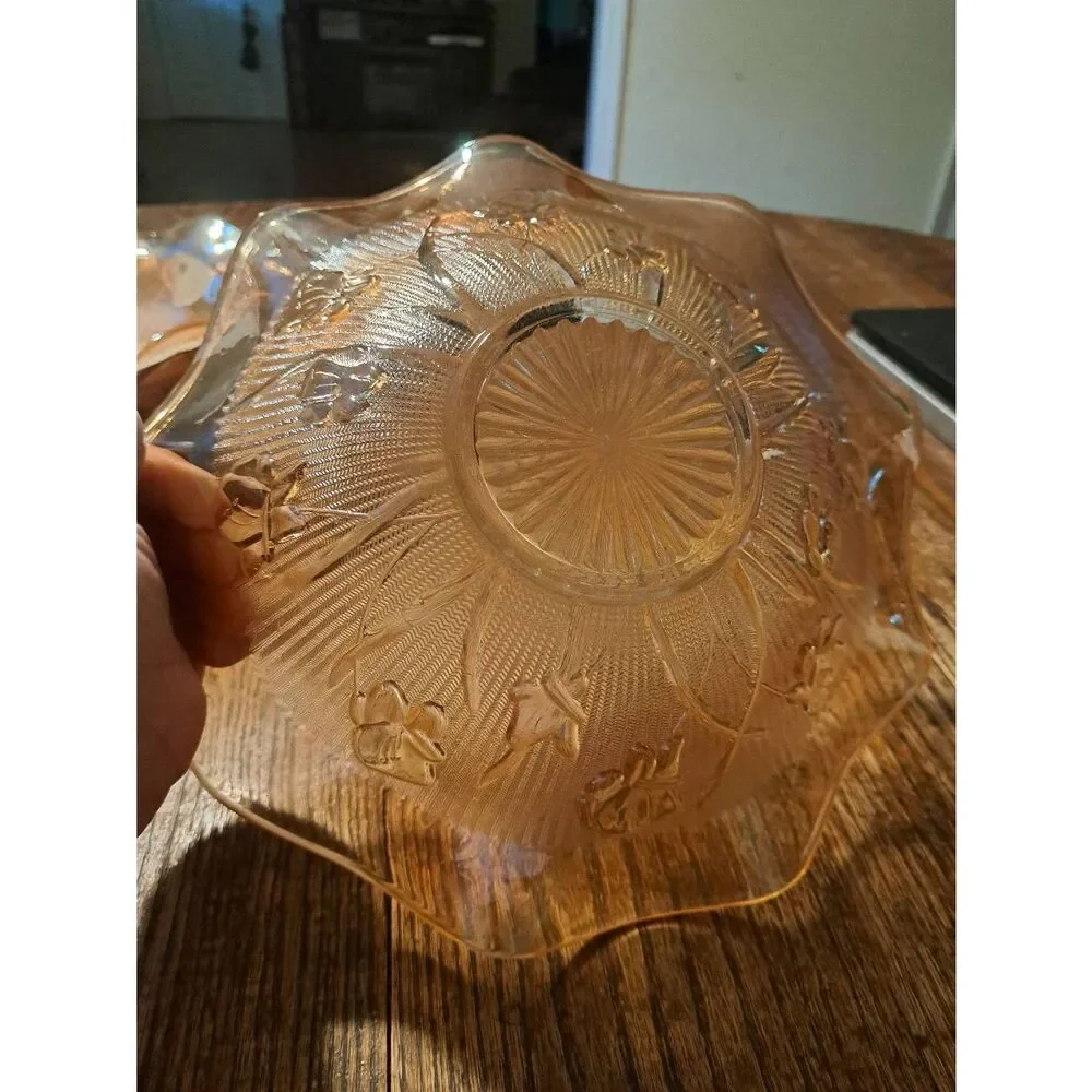 Vintage Jeanette Iris Herringbone Marigold Carnival Glass Ruffled Serving Bowl